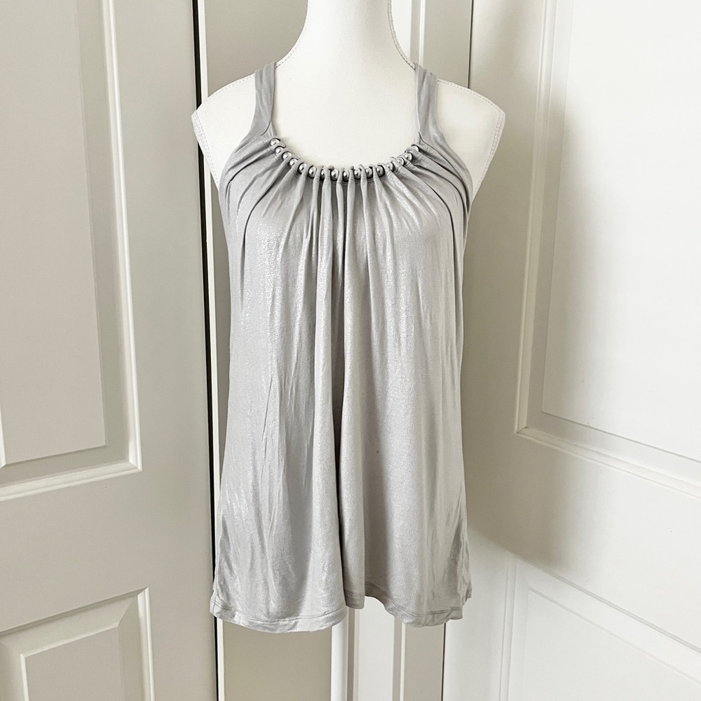 French Connection Mod Silver Halter Glam Boho Blouse W/ Beaded Detail Medium